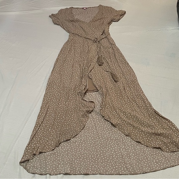 Pink Lily Dresses & Skirts - Pink Lily Beige Polka Dot High Low Dress